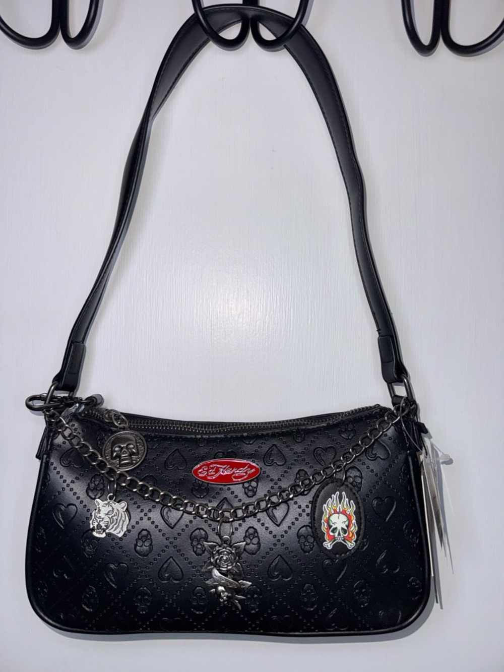 NWT Ed Hardy Black Shoulder Bag with Charm Chain and Red Logo